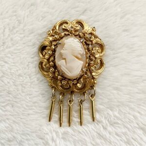 Vintage Florenza Cameo Brooch Gold Filigree w Dangling Drops Signed